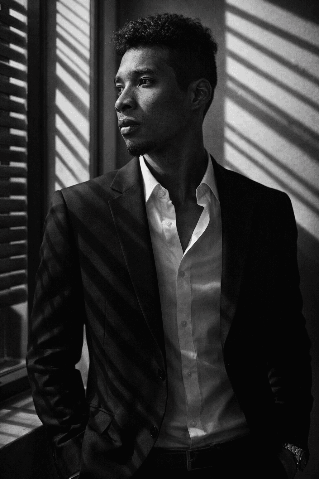 Isaac Vidal, black-and-white side profile with window-blind light